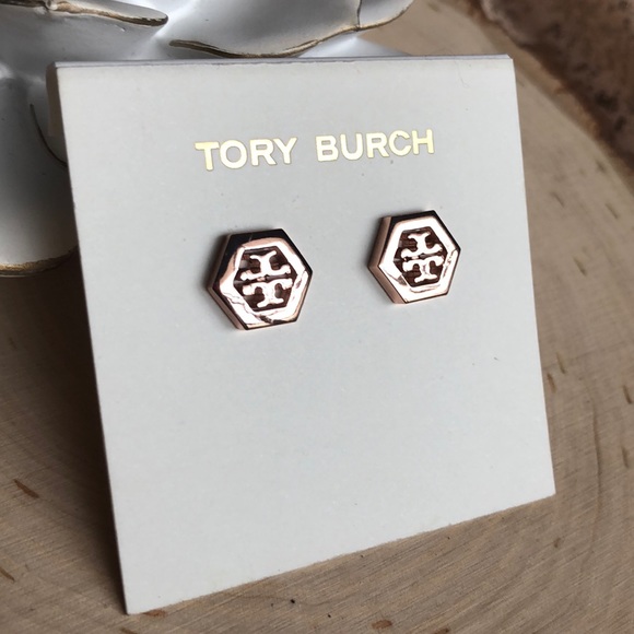 NWT TORY BURCH ROSE GOLD HEX LOGO STUD EARRINGS! - Picture 4 of 5